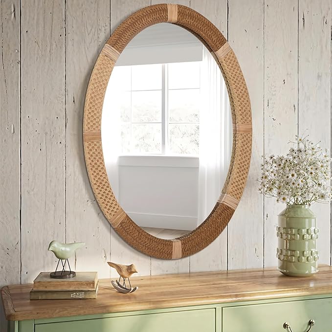 ULIKE Oval Rattan Wall Mirror, 22x30 Inch Rustic Farmhouse Wall Decor - Image 4