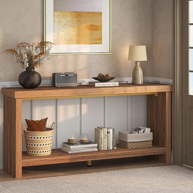 63 Inches Narrow Console Table, 2-Tier Long Sofa Tables Behind Couch Table - Image 6