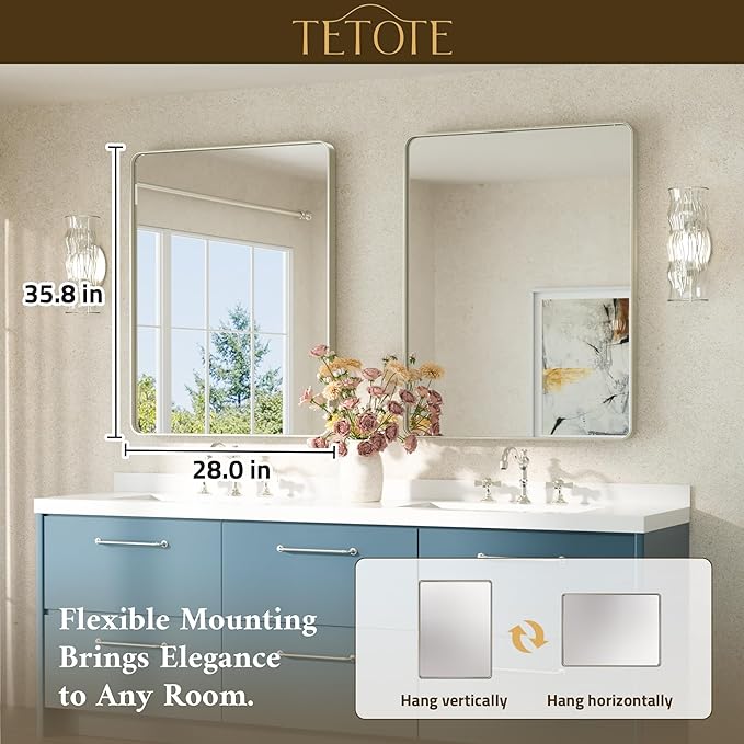 TETOTE Brushed Nickel Mirror 28 x 36 Brushed Nickel Metal Framed Bathroom Mirror - Image 7