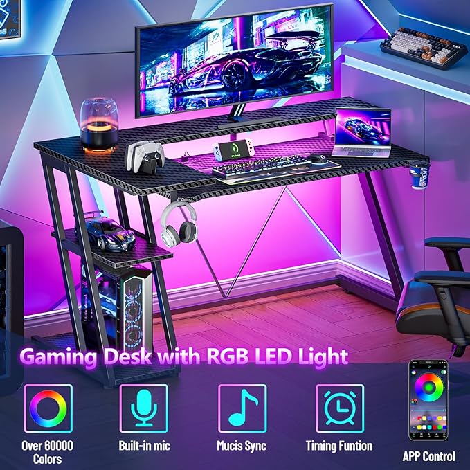 55 Inch Gaming Desk with Power Outlet & LED Lights, L Shaped Gamer Computer - Image 4