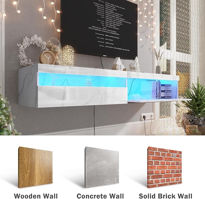 Floating TV Stand with Led Lights, 71 inch Wall Mounted TV Shelf with Power - Image 3