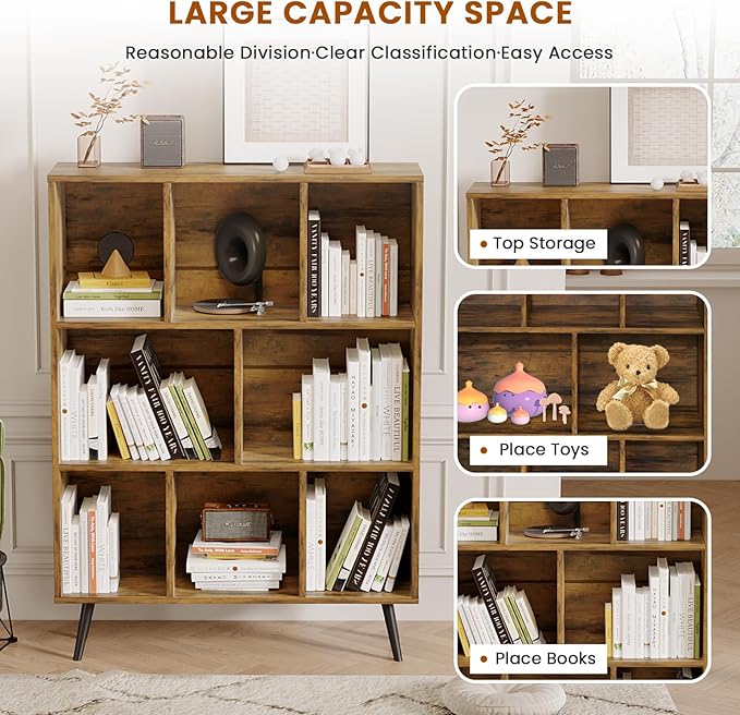 8 Cube Bookshelf 3 Tier Mid-Century Rustic Brown Modern Bookcase - Image 7