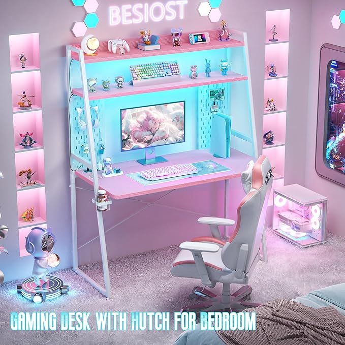 Small Gaming Desk with Hutch and LED Lights, Gaming Computer Desk with Power - Image 3