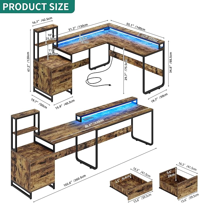 DWVO L Shaped Desk with Drawers, Reversible Computer Desk with Power Outlets - Image 2