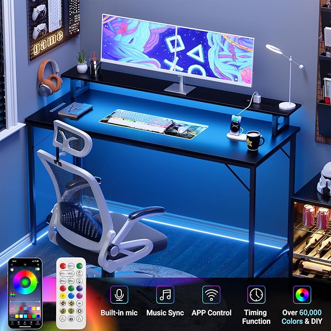 47 inch Computer Desk with Power Outlets, Gaming Desk with LED Lights, Home - Image 4