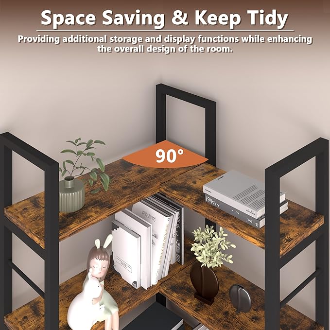7-Tier Corner Bookshelf, Reversible Wooden Shelves, Industrial Bookcase - Image 6