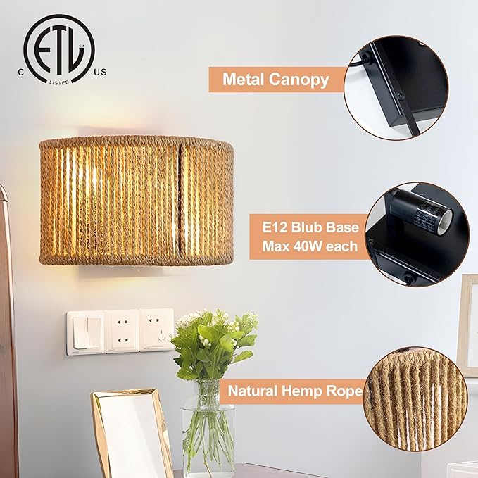 Rattan Wall Sconce Boho Wall Light Fixture Hand Woven Wall Mounted Lamp - Image 3