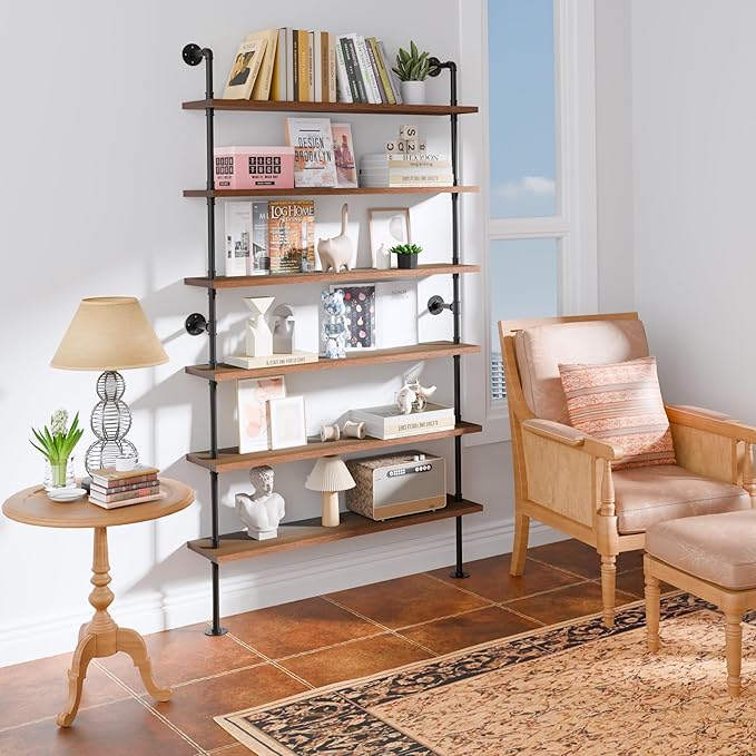 6 Tier Industrial Ladder Shelf Bookcase, Wall Mounted Rustic Bookshelf - Image 7