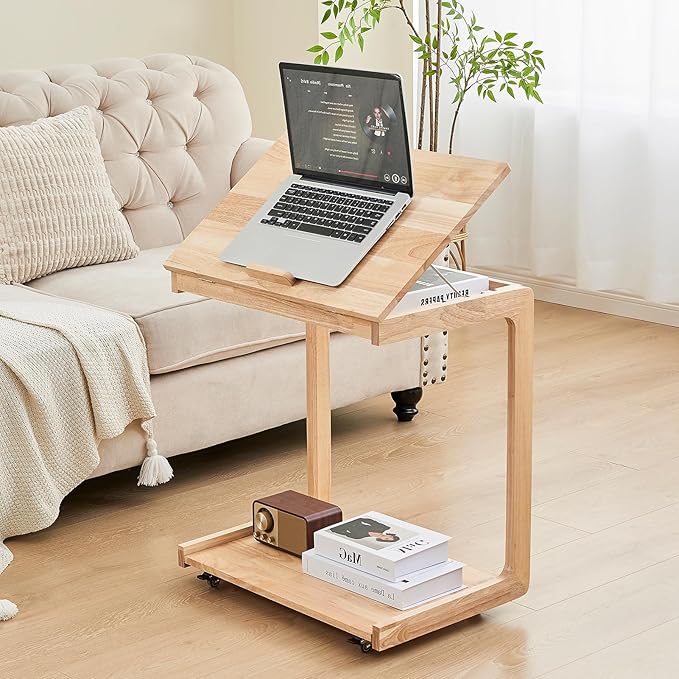 CozyDH Adjustable C Shaped End Table, Solid Wood Rolling Side Table, TV Sofa by CozyDHDuvetCover