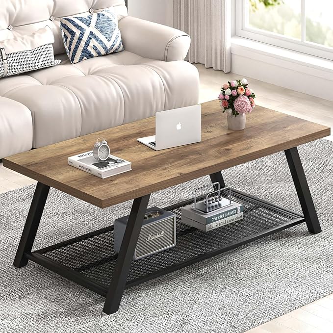 FOLUBAN Coffee Table, Modern Rustic Wood and Metal Center Table by FOLUBAN
