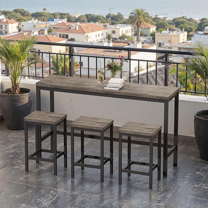 KEIKI 60.24” Long Bar High Top Dining Table and 3 Stools Chairs Set, Wood - Image 3