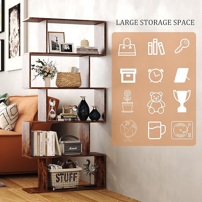Yusong Bookshelf 5-Tier, Geometric Bookcase S Shaped Book Shelves - Image 6