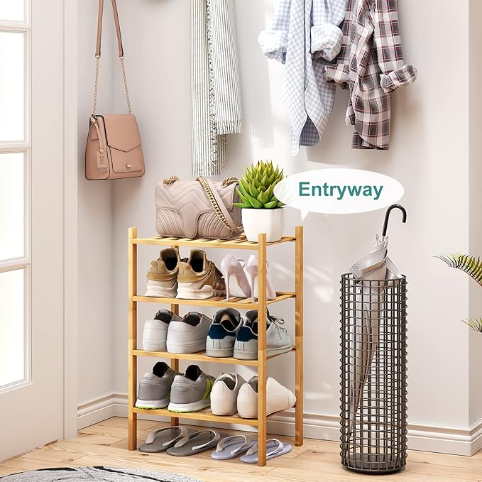 Small Shoe Rack, 4-Tier Rack for Entryway, Bamboo Wood Shoe Shelf for Closet & - Image 2