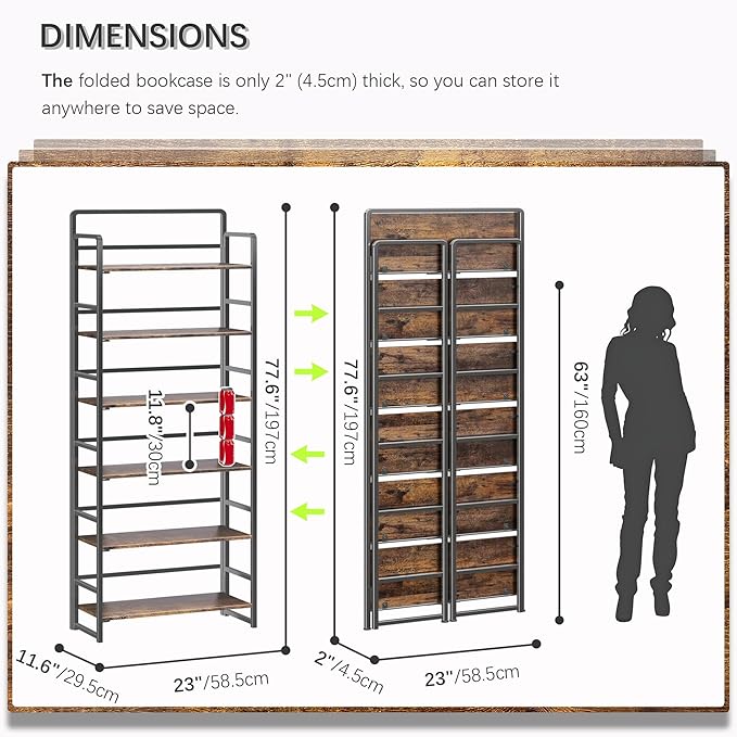 4NM No-Assembly 6 Tiers Folding Bookshelf Storage Shelves Vintage Bookcase - Image 3
