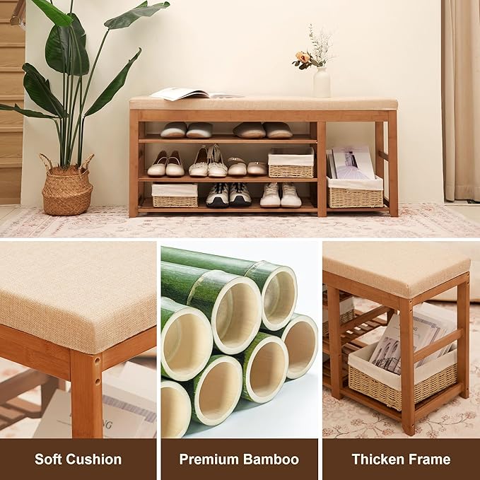 47.2 in Shoe Rack Bench with Cushion, 3 Tier Bamboo Entryway Bench with Storage - Image 8