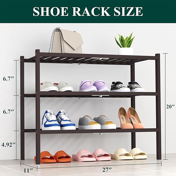 Smiry Shoe Rack, 3 Tier Thick Bamboo Shoe Organizer, Stackable Free Standing - Image 2