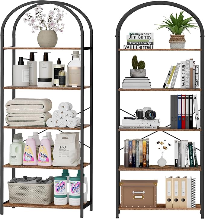 Homhedy 5-Tier Bookshelf Arched Display Racks, Wood and Metal Bookcase - Image 8