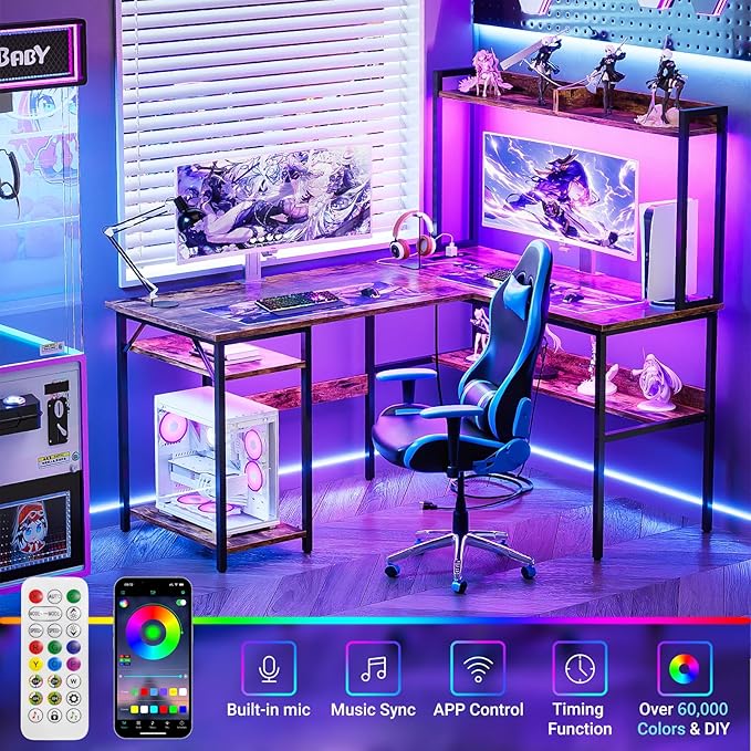L Shaped Computer Desk with Hutch and Storage Shelves, Gaming Desk with LED - Image 4