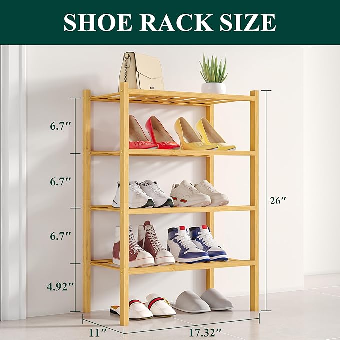 Smiry Shoe Rack, 4 Tier Small Bamboo Shoe Organizer, Stackable Free Standing - Image 2