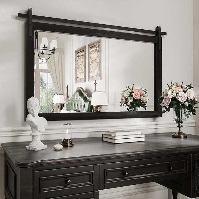 Black Farmhouse Mirror for Wall, 40x26INCH Large Wood Framed Square Bathroom by PAIHOME