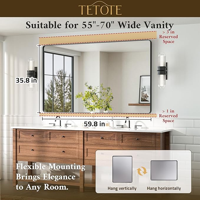 TETOTE 60 x 36 Black Mirror for Bathroom Large Black Framed Mirror for Bathroom - Image 7
