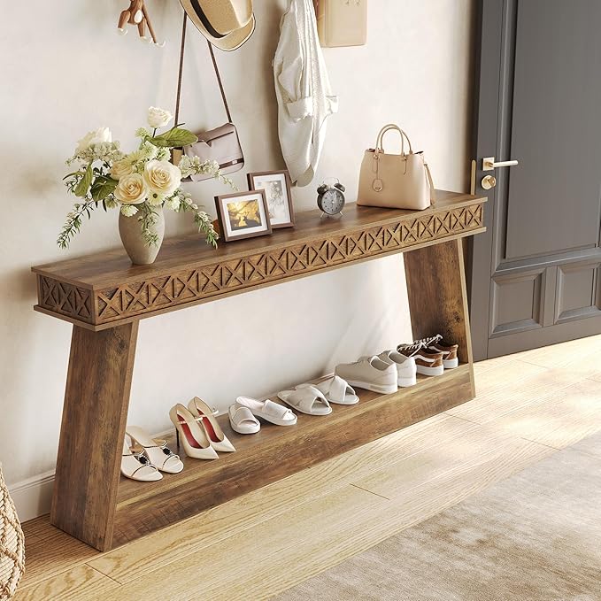 LITTLE TREE 70.87" Long Farmhouse Console Table, 2-Tier Shelf Narrow Accent - Image 3