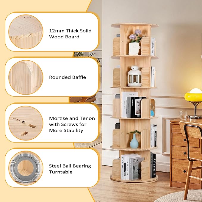 5 Tier Rotating Bookshelf Tower 360 Display Spinning Bookshelf Tower Floor - Image 7