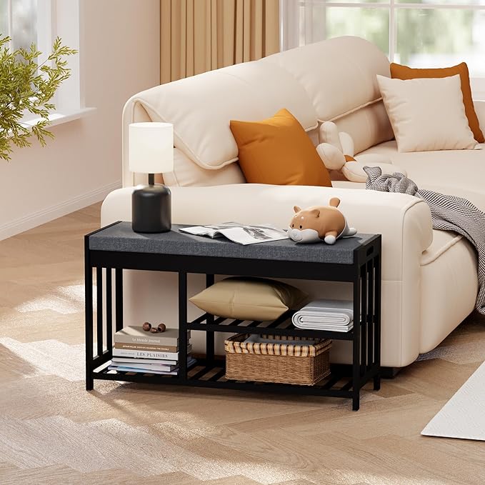 Shoe Rack Bench with Cushion, 2 Tiers Shoe Bench with Flip-Top Storage - Image 4