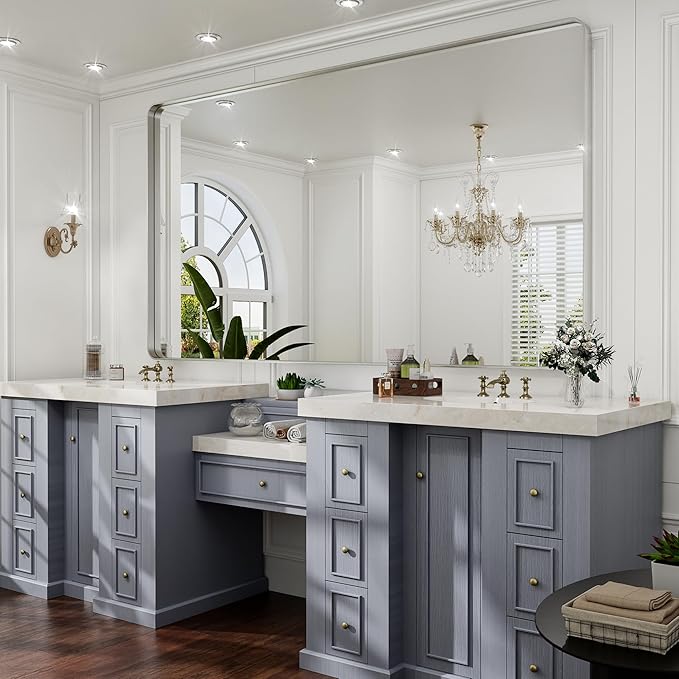 Hasipu Brushed Silver Bathroom Mirror 63x35 Inch Rounded Rectangle Vanity by Whatssuitableisthebest
