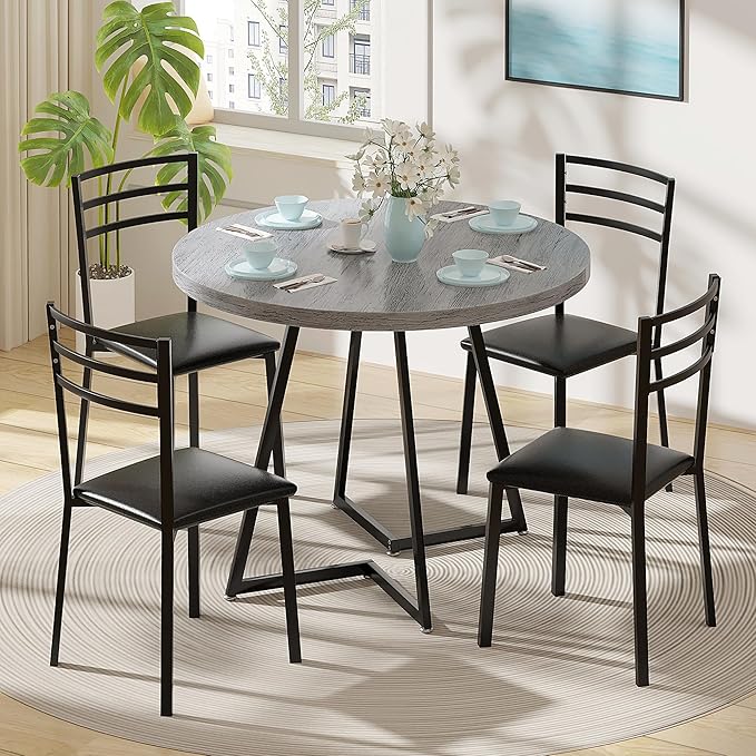 VECELO 35" Round Dining Table for 4, Wood-Grain Tabletop & Heavy-Duty Steel - Image 7