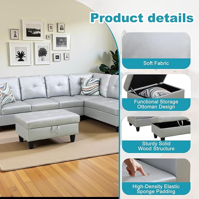 Couches for Living Room PU Leather L Shaped Couch Comfy 3 Pieces Sectional Sofa - Image 5