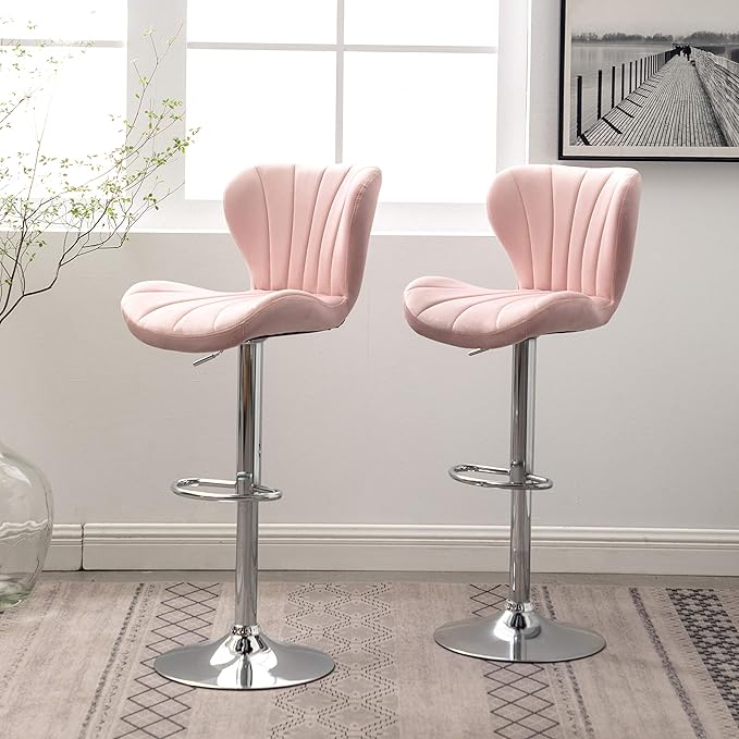 Roundhill Furniture Ellston Velvet Adjustable Swivel Barstools in Pink - Image 4