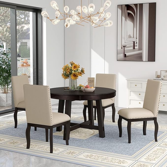 5 Pieces Dining Table Set with 43" Round Extendable Desk, Living Room Furniture by Unknown