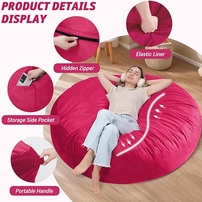 7FT Bean Bag Chair with Ultra Soft Velvet Cover Bean Bag Sofa with Memory Foam - Image 4
