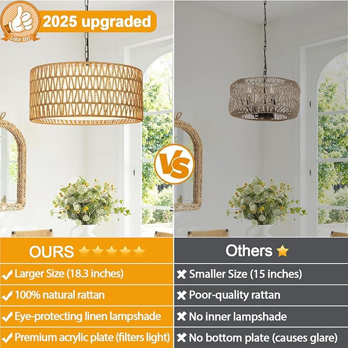 Farmhouse Chandeliers for Dining Room, Hand Woven 5-Light Rattan Pendant Light - Image 2