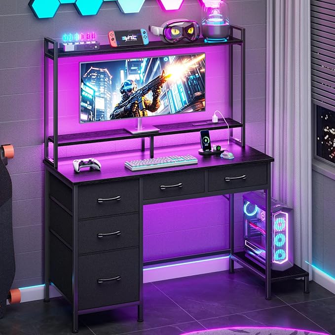 Computer Gaming Desk with Hutch, Home Office Desk with Power Outlets, LED Light - Image 2