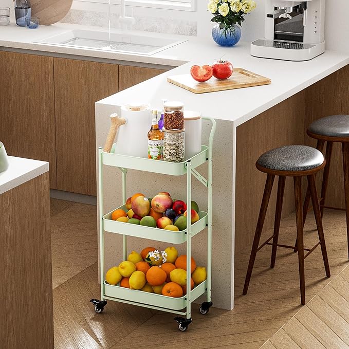 JAQ Foldable Rolling Cart, 3-Tier Metal Folding Storage Utility Carts Basket - Image 2