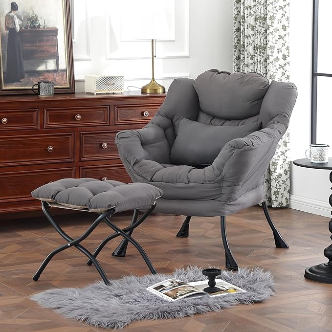 Lazy Chair with Ottoman, Modern Accent Chair with Lumbar Pillow, Comfy Chairs - Image 8