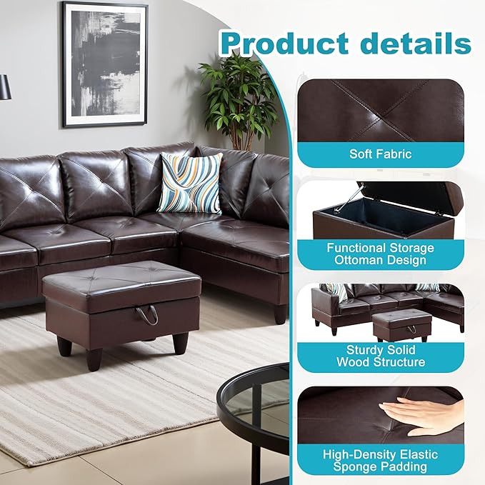 Couches for Living Room Faux Leather L Shaped Couch Comfy 3 Pieces Sectional - Image 5