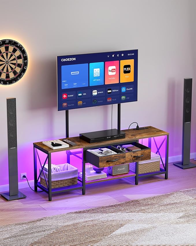 TV Stand with Mount, Power Outlet and LED Light, Entertainment Center, - Image 6