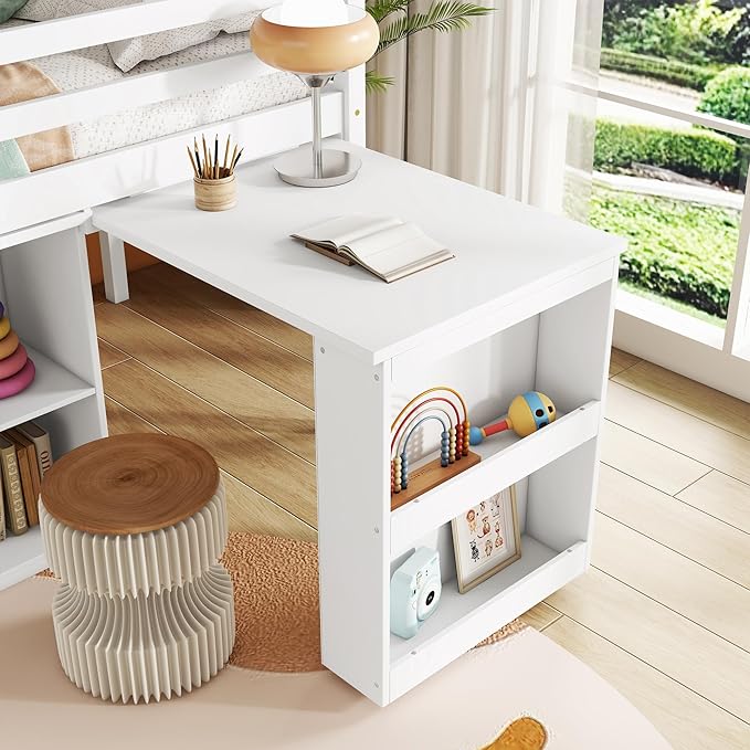 KEIKI Twin Loft Bed with Pull-Out Desk, Drawers & Open Shelves, Wooden Bed - Image 6