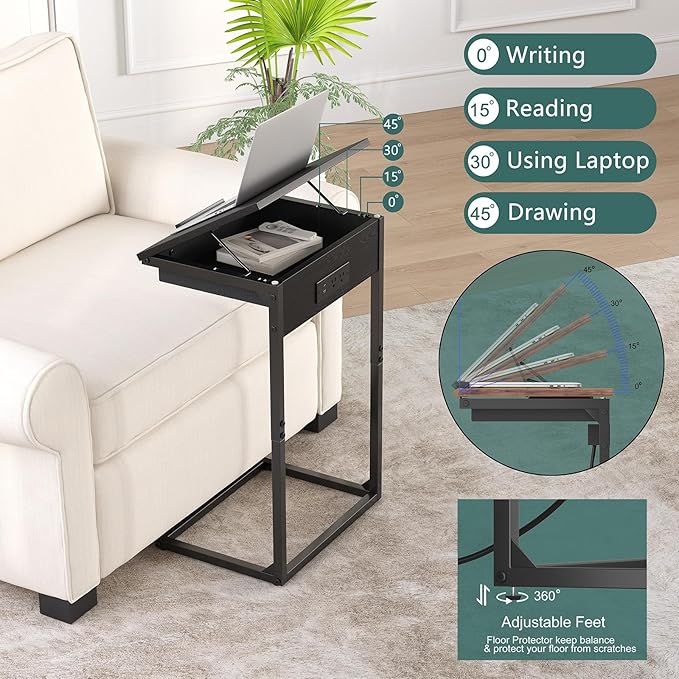 C Shaped End Table with Charging Station, 45° Tiltable Adjustable Flip Top Side - Image 4