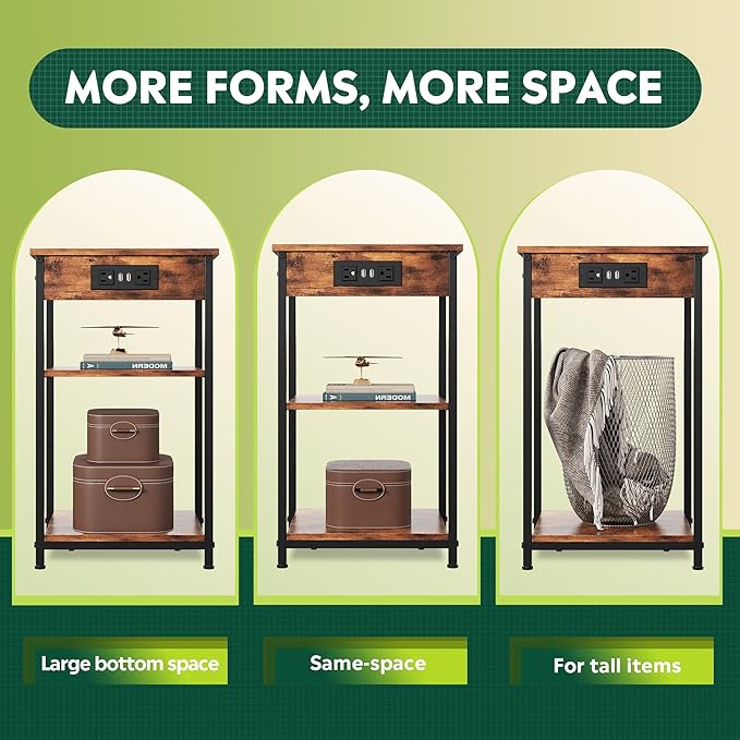 WLIVE End Table with Charging Station, Small Night Stand with 3 Storage Shelves - Image 5