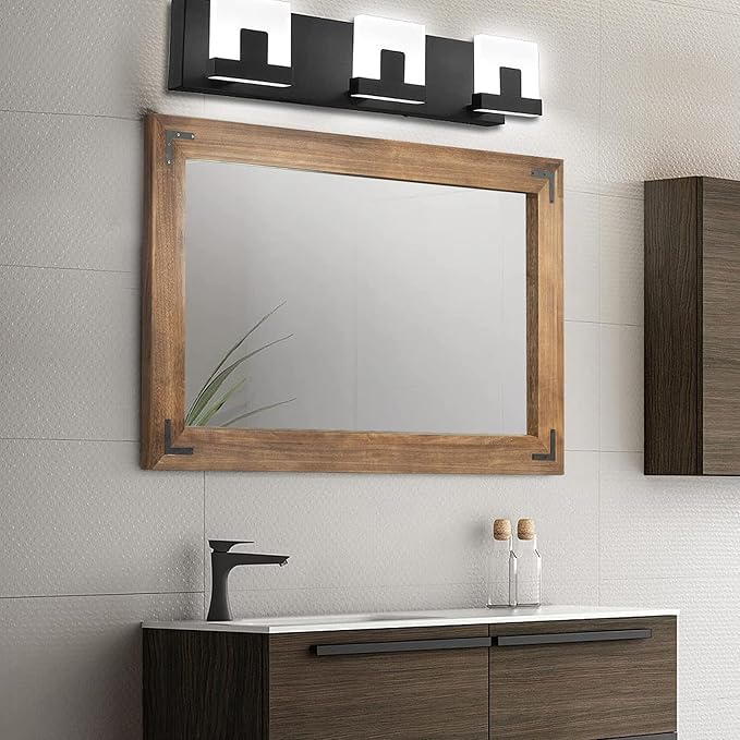 YOSHOOT Rustic Wooden Framed Wall Mirror, Natural Wood Bathroom Vanity Mirror - Image 2
