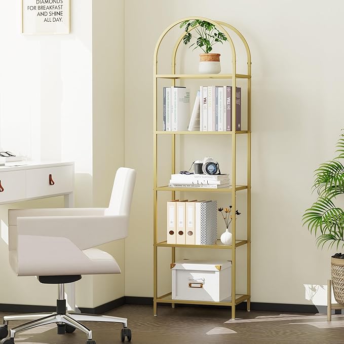 Homhedy Bookshelf Arched Display Racks, Metal Bookcase, Tempered Glass Shelves - Image 8