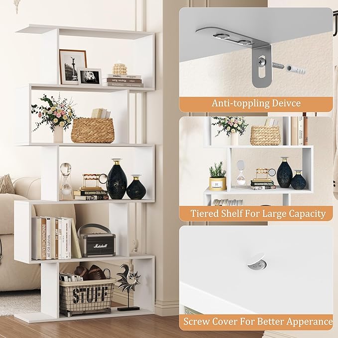 Yusong Bookshelf 5-Tier, Geometric Bookcase S Shaped Book Shelves - Image 4