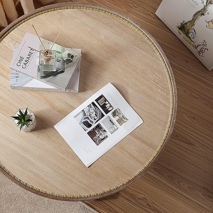 Wnutrees Farmhouse Round Coffee Table, Wood Tray Top Circle Coffee Table - Image 7