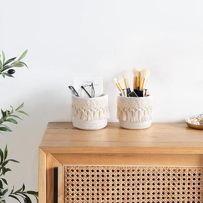 Mkono Macrame Makeup Brush Holder Organizer Comb Brushes Mini Storage Basket - Image 3