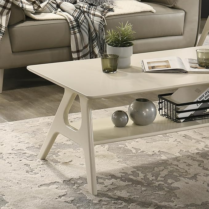 Roundhill Furniture Arona Mid-Century Modern Wood Shelf Coffee Table, Off-White - Image 6