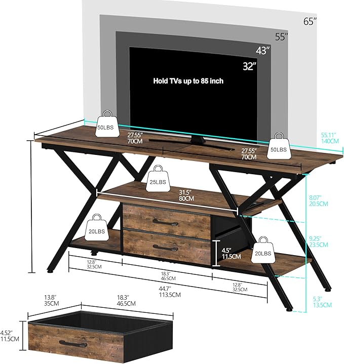 TV Stand with Power Outlet and LED Lights, Fits TVs up to 65”, 2 Fabric Drawers - Image 5